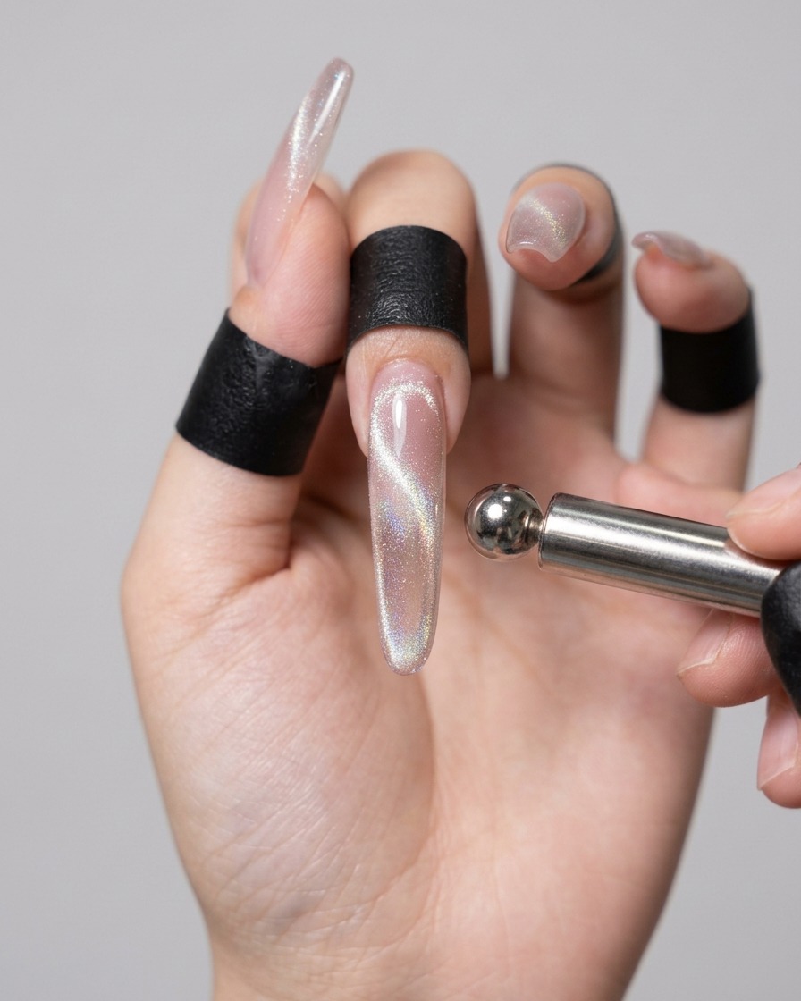 Un outil magnétique tenu près dun ongle en gel humide, manipulant les reflets magnétiques pour former un point lumineux semblable à une perle.