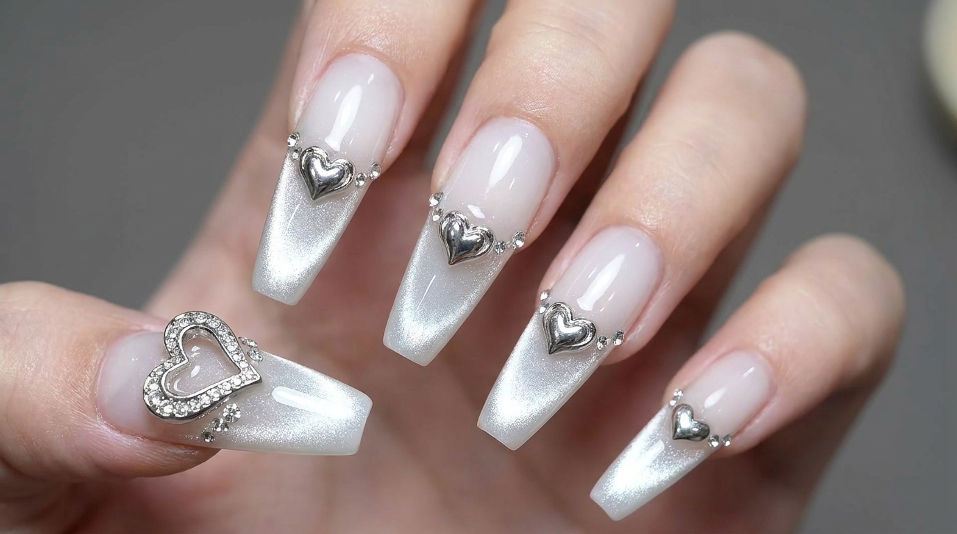 Ongles Œil de Chat Blanc Laiteux et Cœurs en Chrome — Tutoriel Étape par Étape