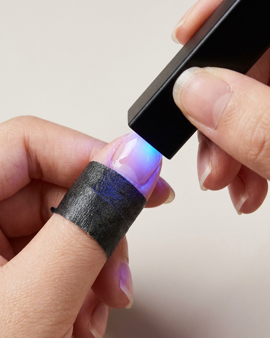 Une main tenant une petite lampe UV/LED rectangulaire noire au-dessus dun ongle pour catalyser une couche de gel.