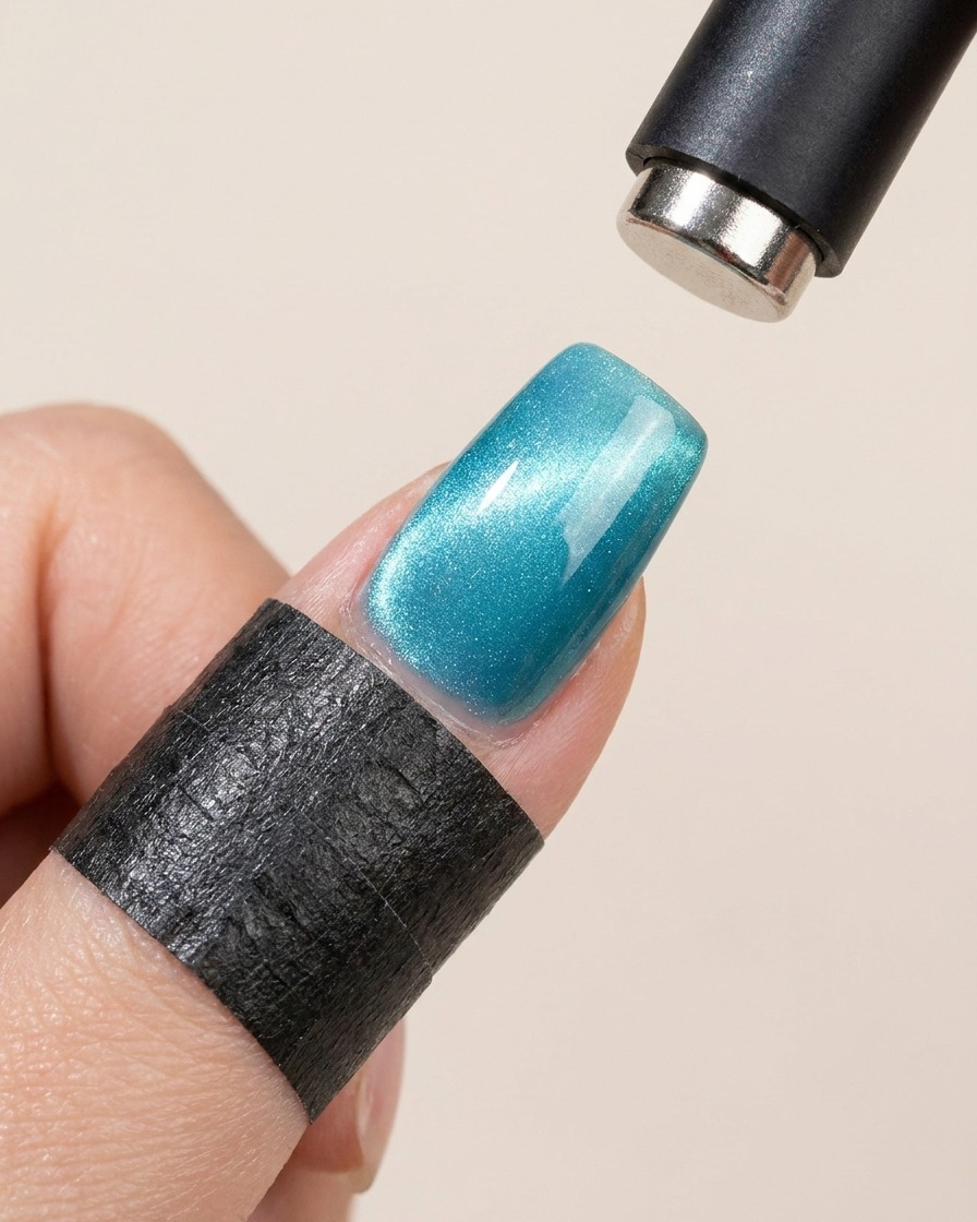Un aimant cylindrique planant au-dessus dun ongle recouvert de gel cat eye bleu humide, dessinant une large ligne scintillante au milieu.