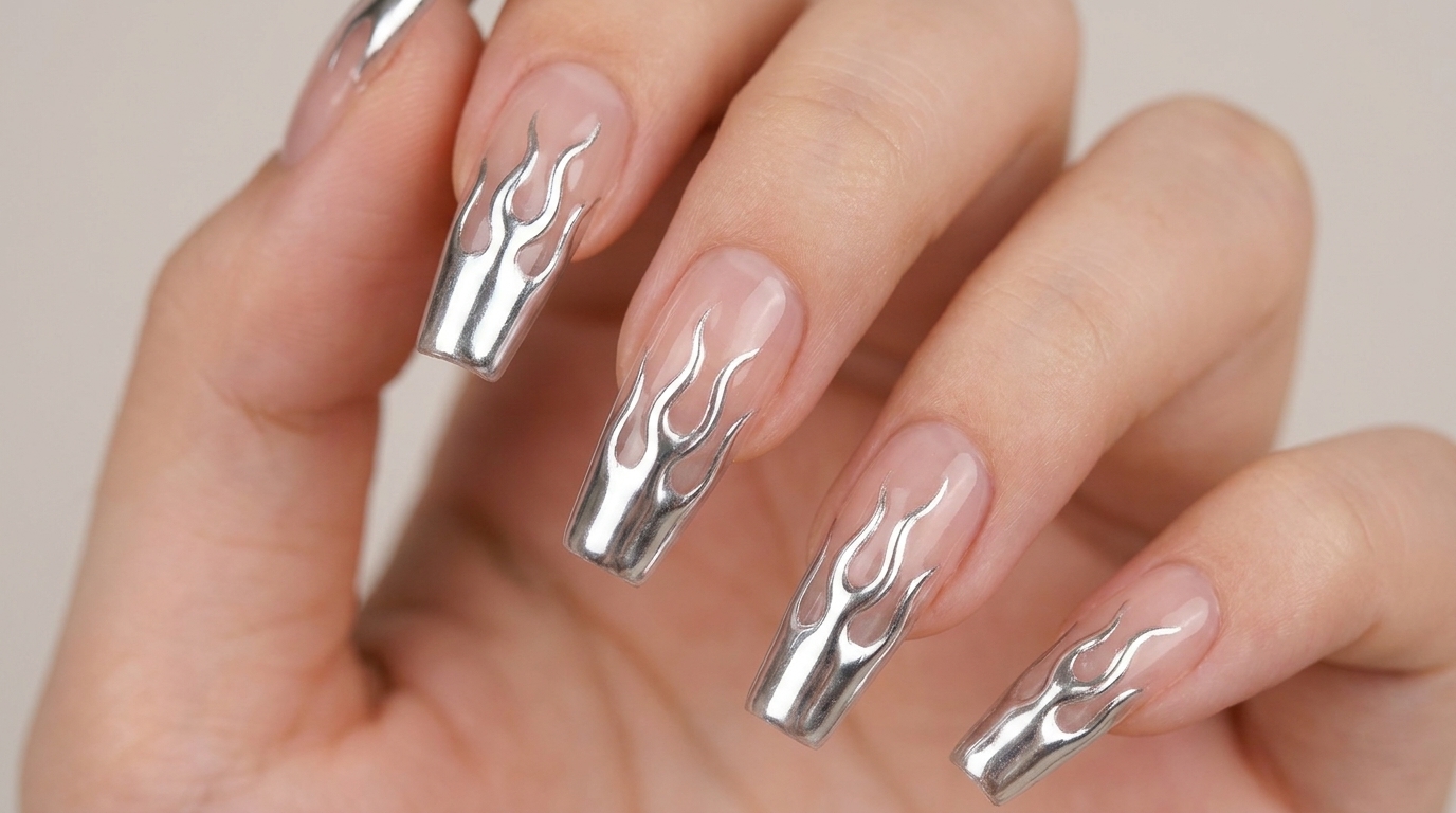 Nail art flammes chrome : Tuto professionnel effet miroir