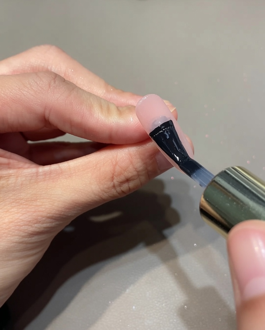 Vue rapprochée dun pinceau appliquant une base coat transparente sur un ongle.