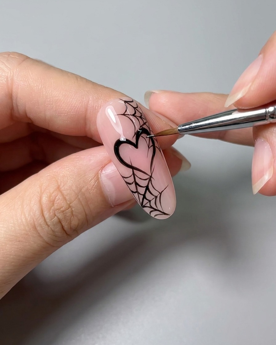 Un outil applicateur tamponnant de la poudre chrome argentée sur les motifs de nail art noirs.