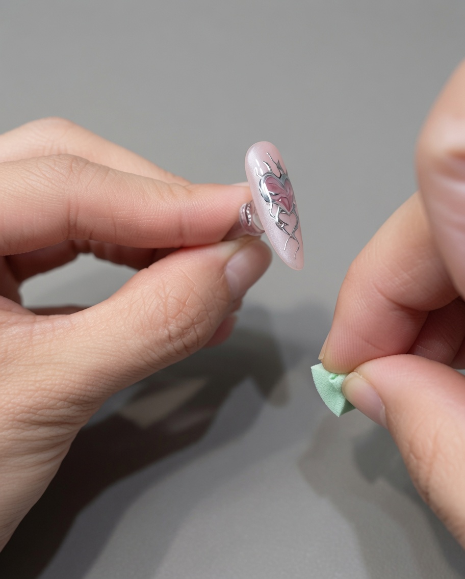 Une petite éponge de maquillage verte utilisée pour balayer doucement la poudre chrome argentée en excès sur un ongle manucuré.