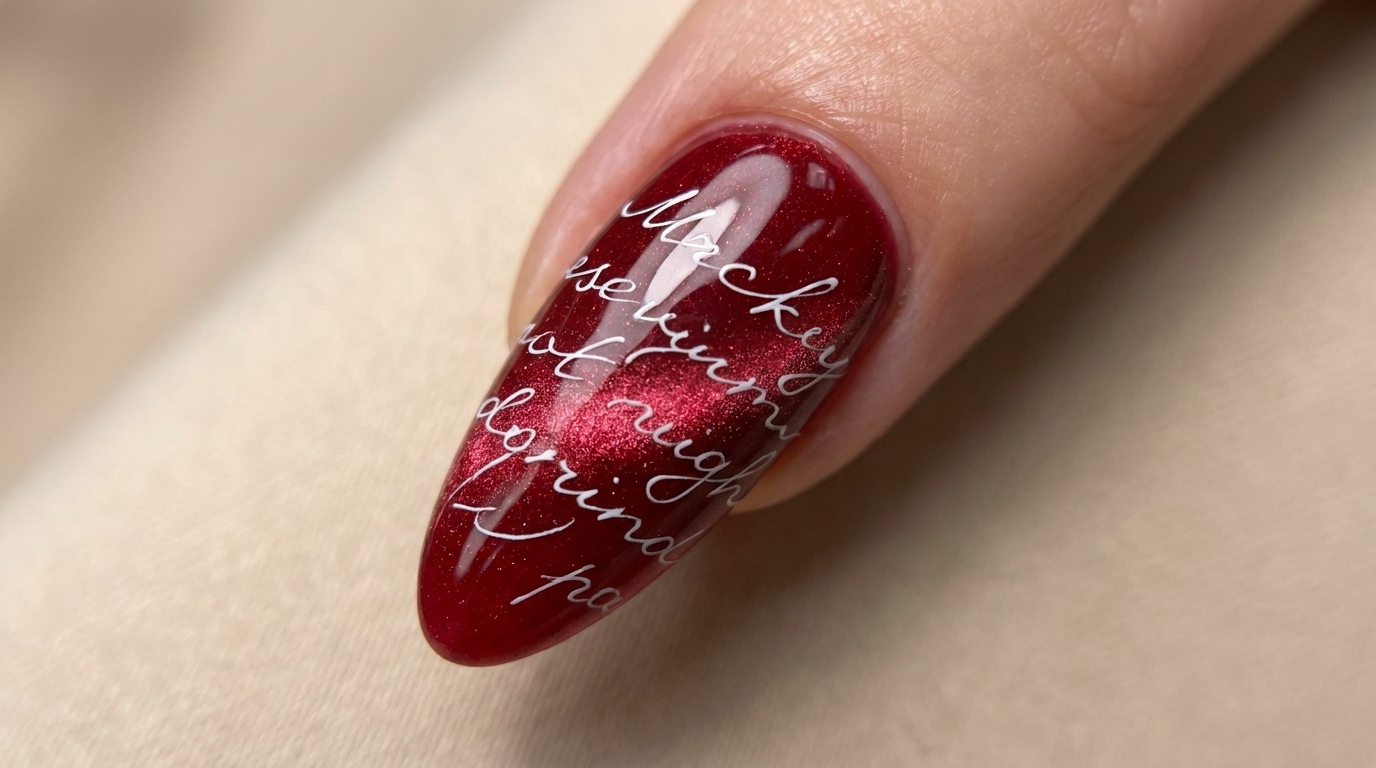 Nail Art Effet Œil de Chat Rouge et Lettrage Anglais — Tutoriel Pas à Pas