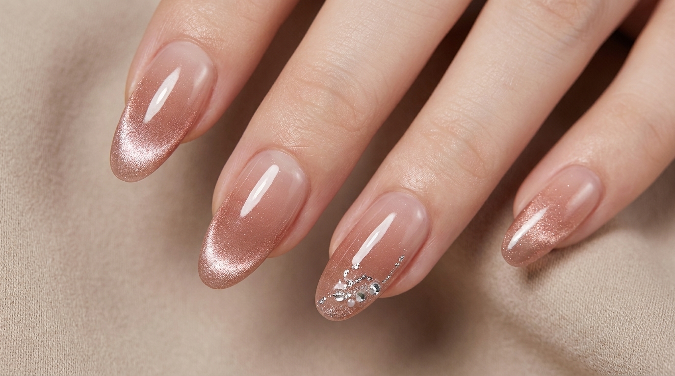 Ongles press-on dégradés effet œil-de-chat or rose : tutoriel facile
