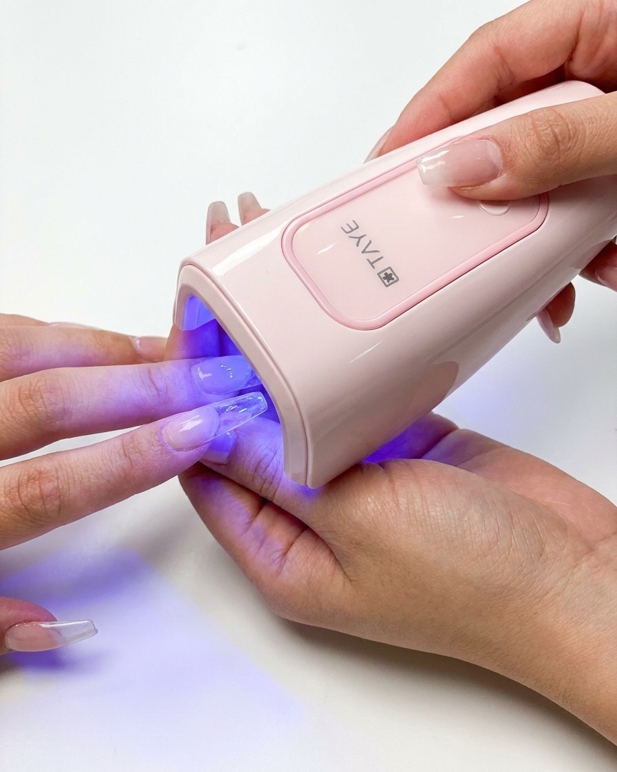 Une main tenant une lampe UV sur longle pendant le maintien de la pince.