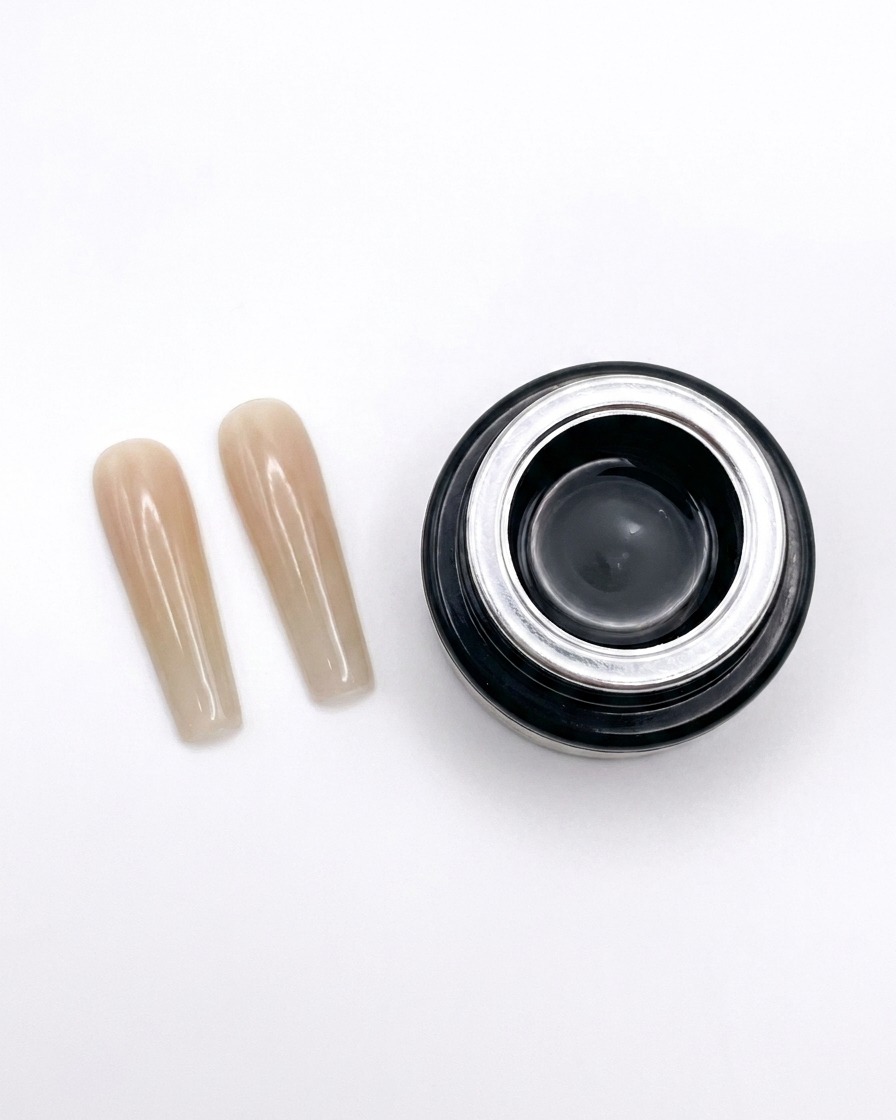 Un pinceau lissant le gel nude sur une extension carrée.