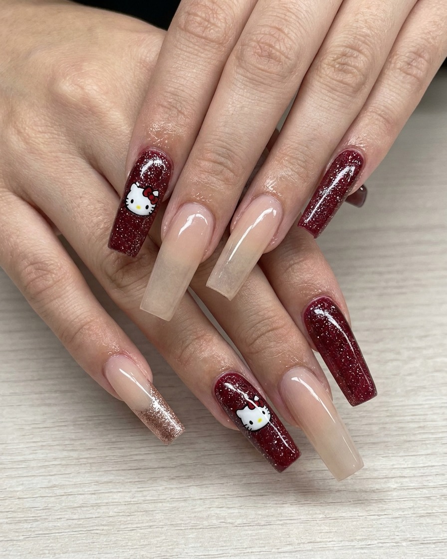 Un pinceau liner créant un arc précis avec du gel pailleté or rose.