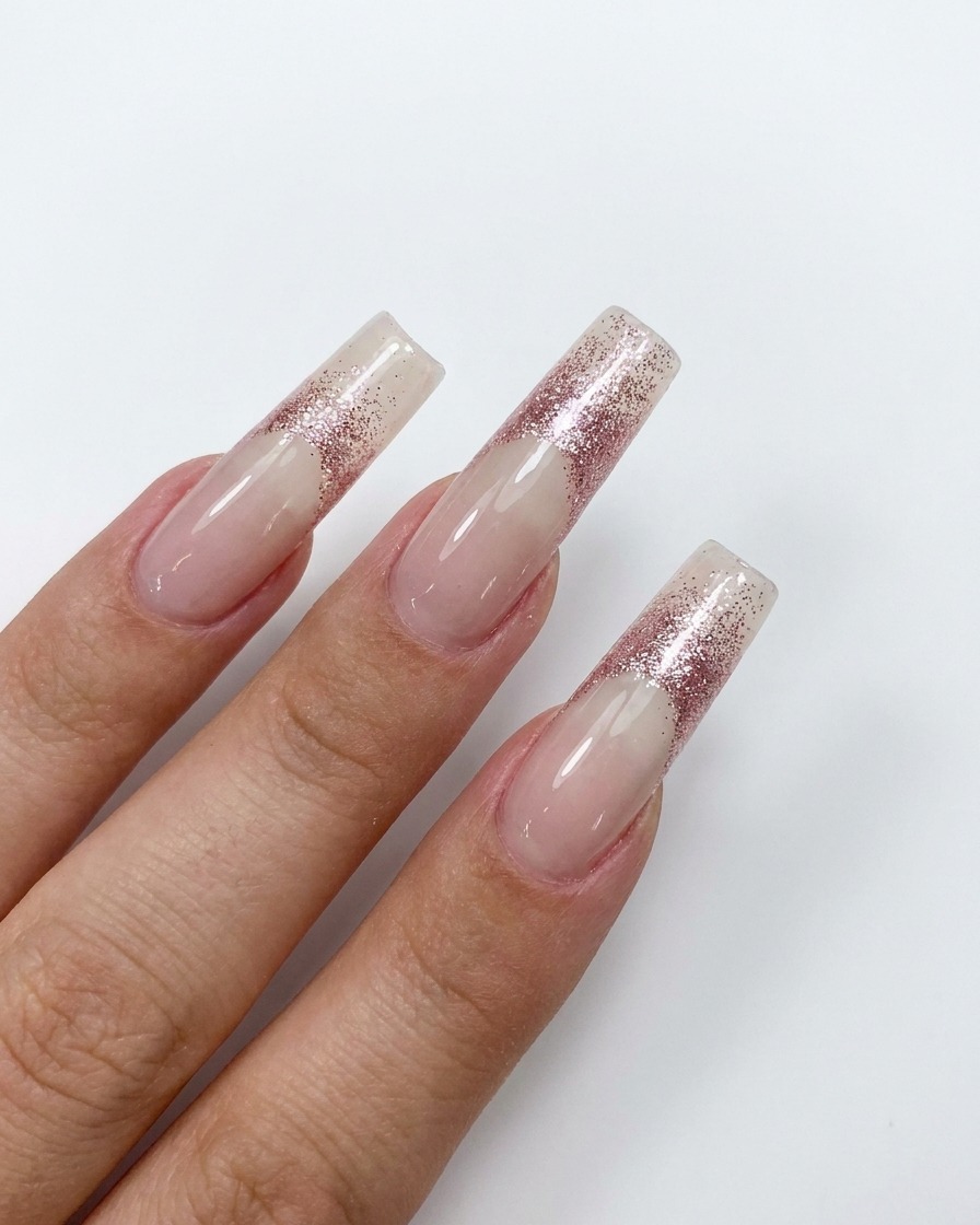 Un pinceau estompant les paillettes or rose sur une base nude.