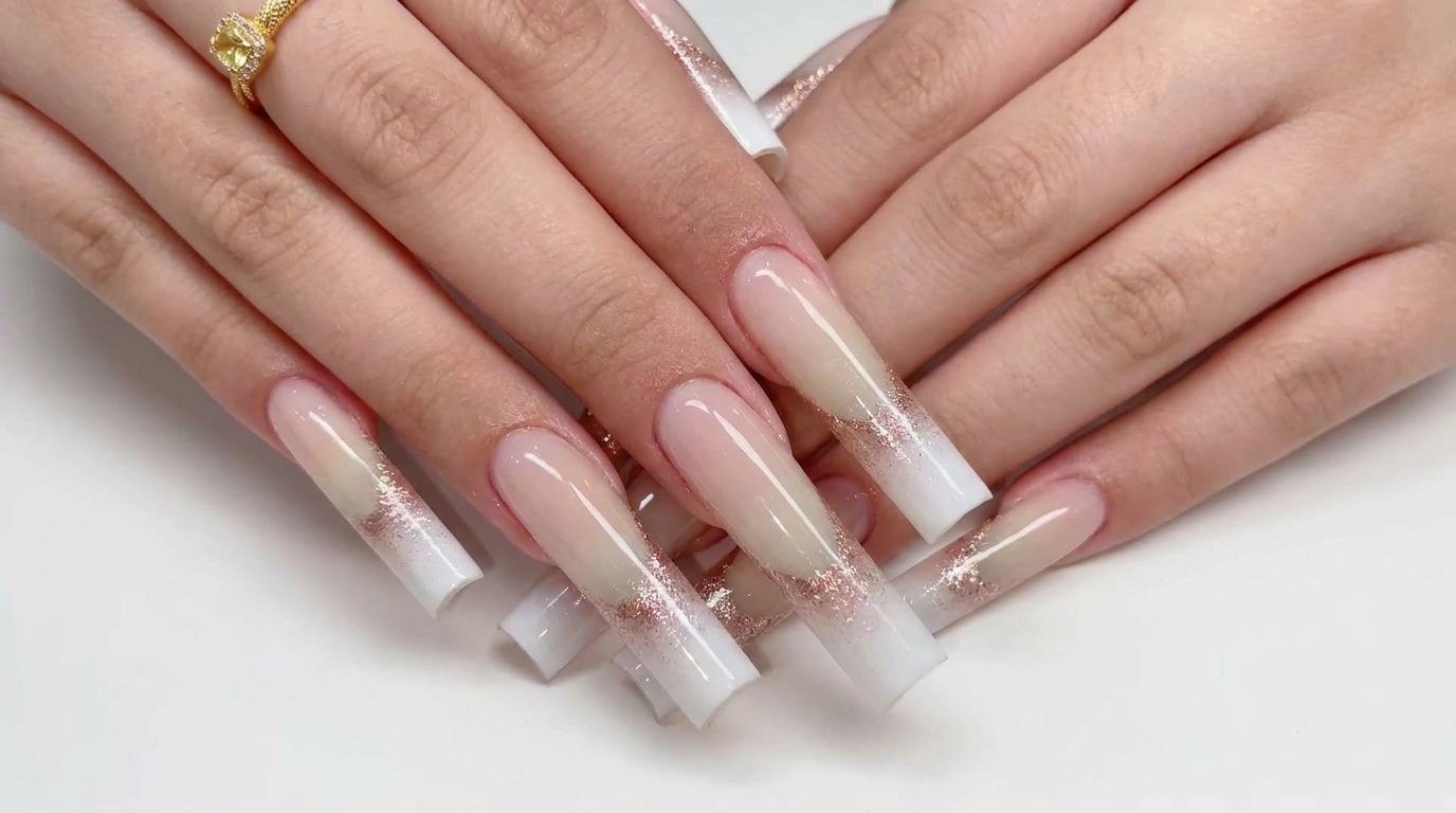Ongles Carrés « Water Pipe » : Dégradé Pailleté Or Rose et Baby Boomer