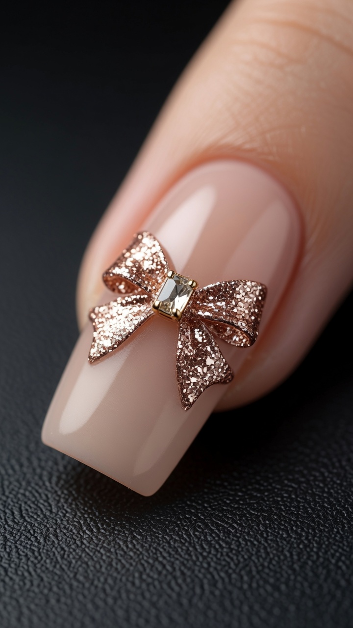 Ongles Nude Mat avec Nœud Pailleté Or Rose — Tutoriel de Nail Art Élégant