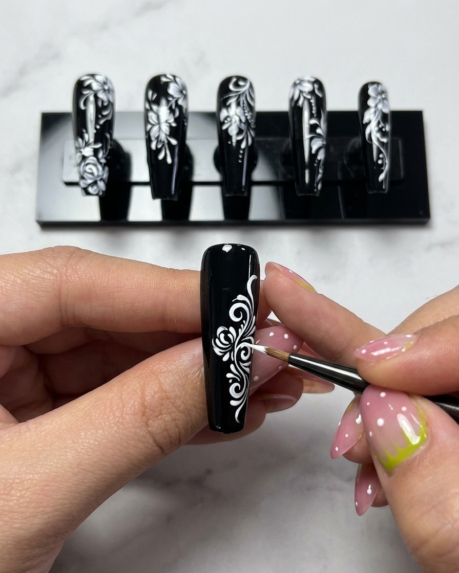 Vue rapprochée dun pinceau traçant des lignes de pétales courbes blanches au centre dune rose sur un ongle noir.