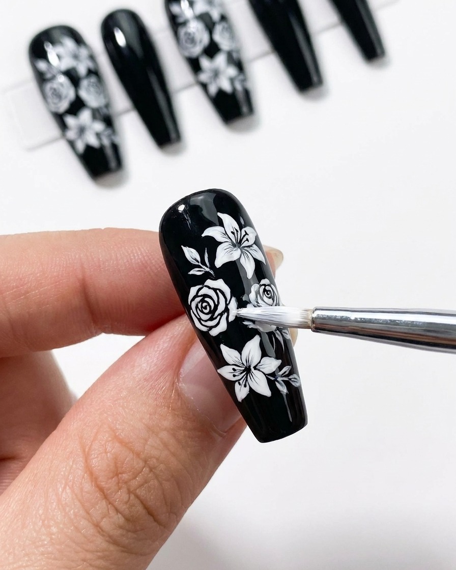 Vue rapprochée de motifs de filigrane tourbillonnants blancs complexes ajoutés pour remplir lespace négatif sur longle noir.