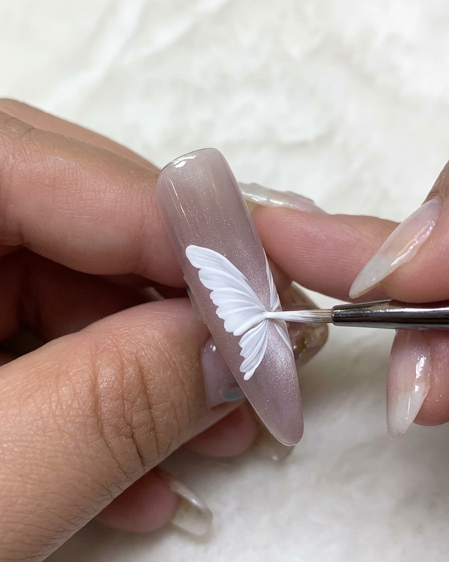Gros plan sur un ongle où les ailes de papillon sont en cours de détourage avec un pinceau liner.