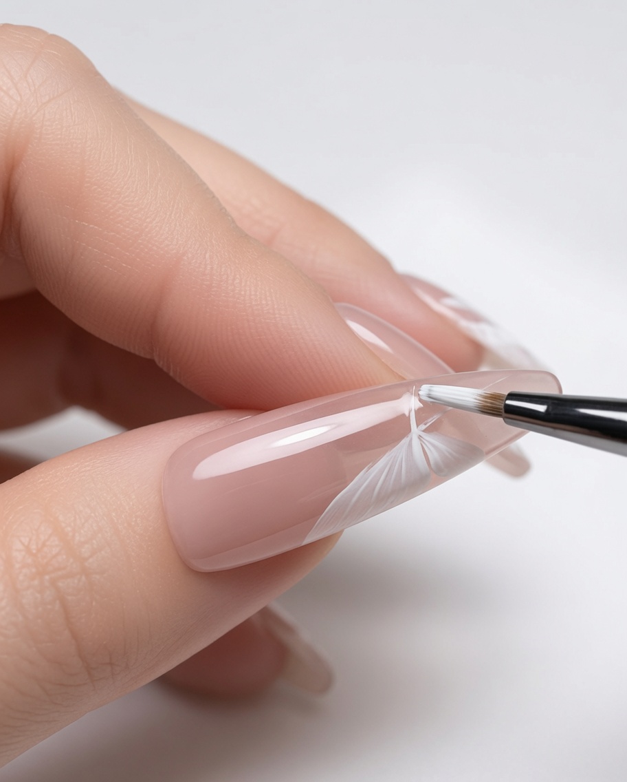 Gros plan sur un ongle avec de fins traits blancs ajoutés à lintérieur des ailes pour créer de la texture.