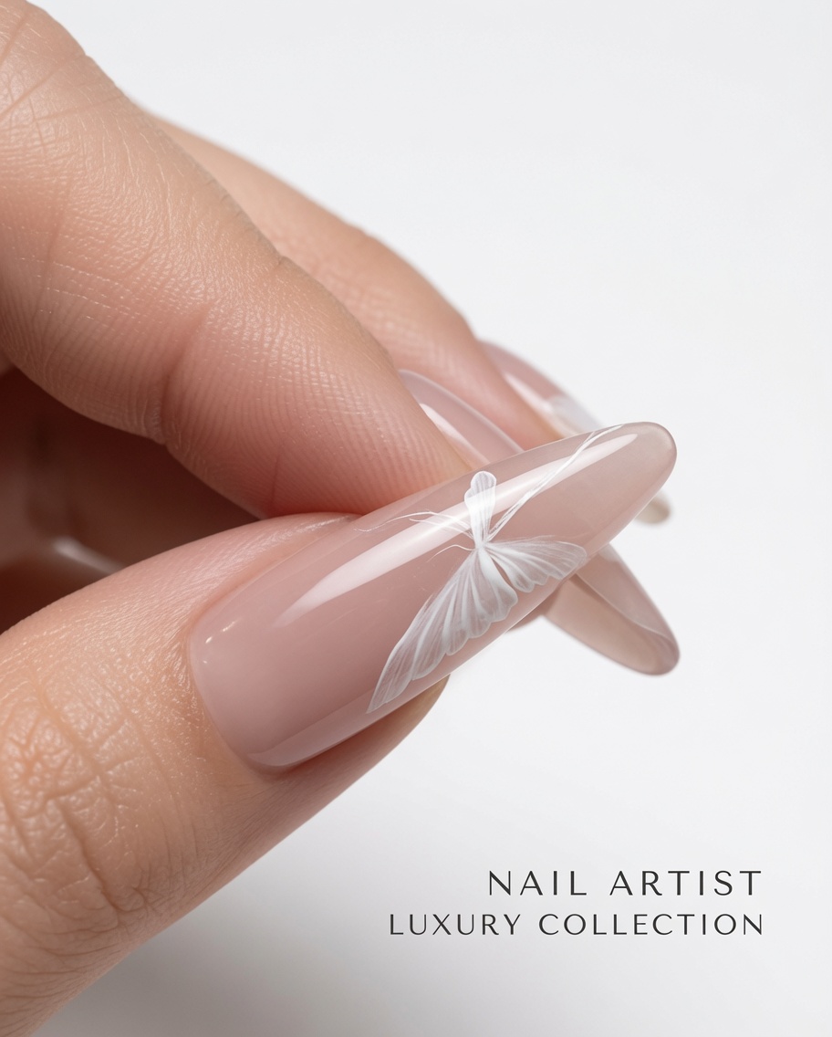 Ongle avec le design du papillon et de petites taches de peinture blanche servant de base aux roses.