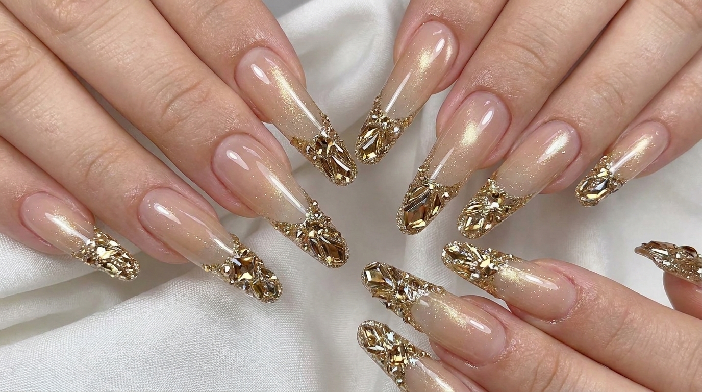 Tutoriel Ongles : Dégradé Nude Long et Strass Étincelants