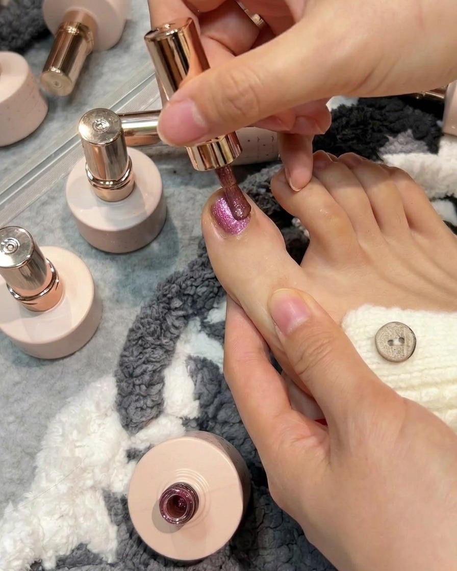 Un aimant cylindrique positionné le long du côté dun gros orteil avec du vernis gel cat-eye humide.
