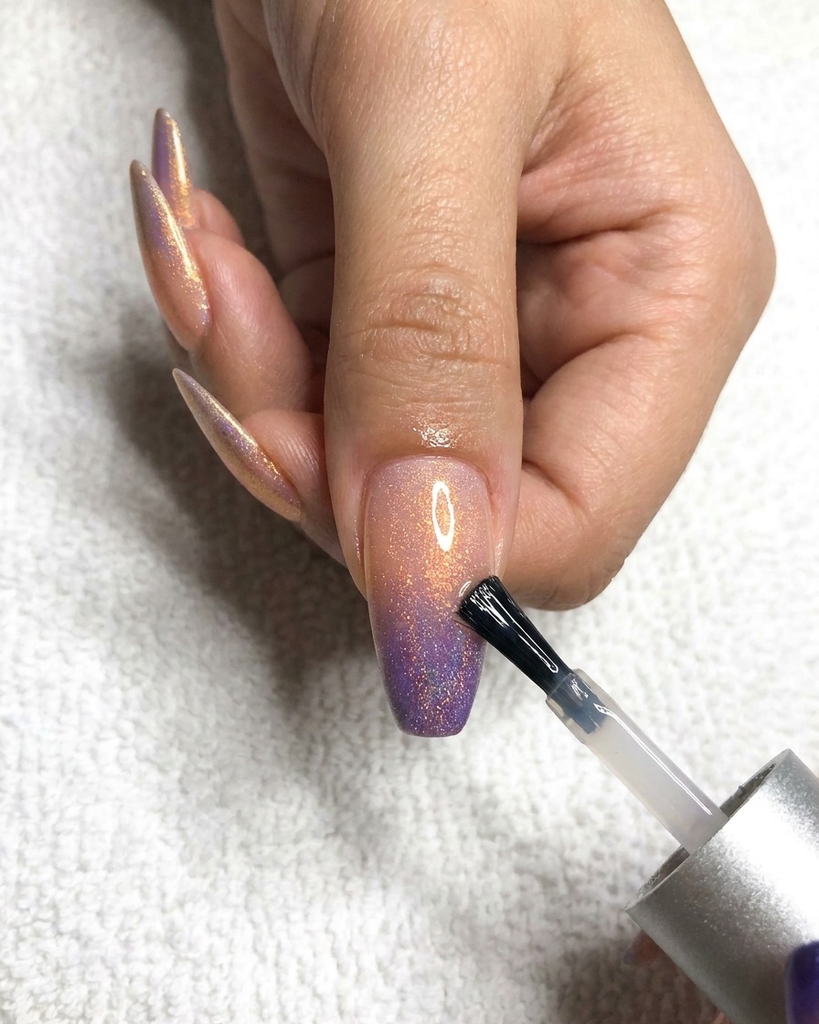 Un pinceau appliquant un top coat brillant sur longle dun majeur, recouvrant le design ombré holographique.