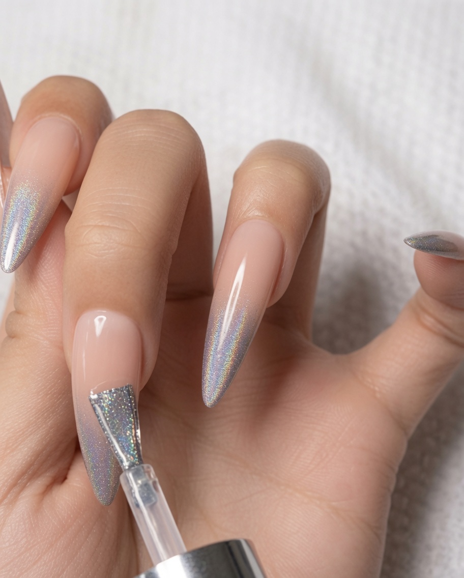 Un pinceau à ongles appliquant un top coat fin et brillant sur le design ombré holographique dun ongle dindex.