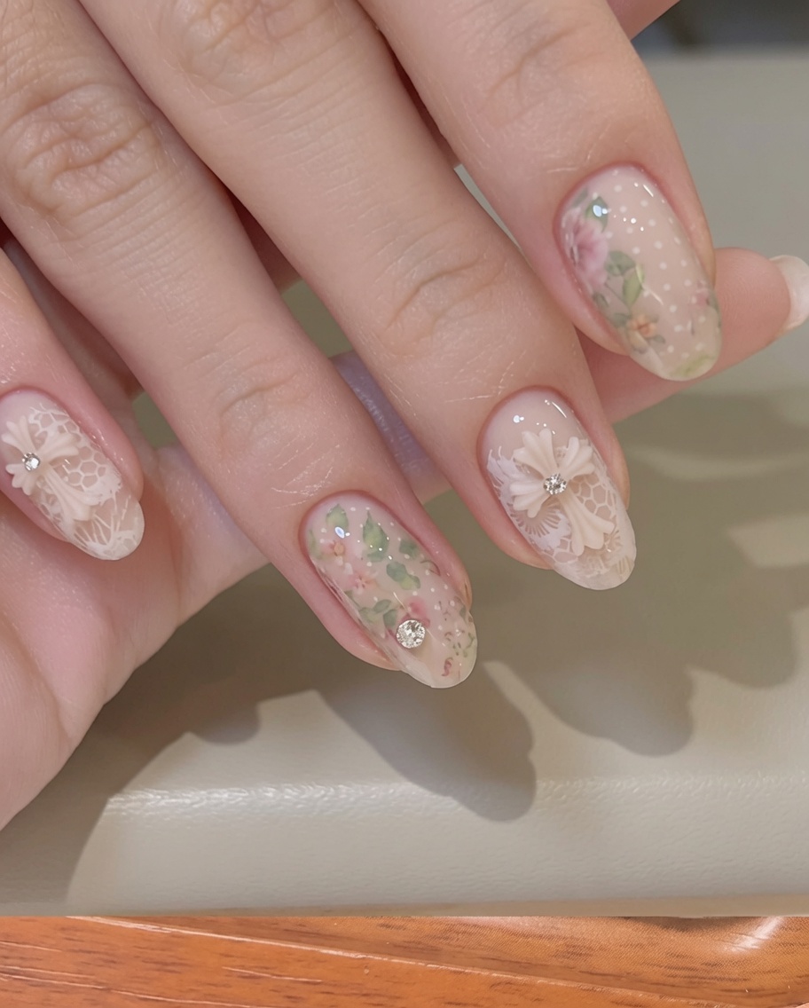 Un pinceau appliquant une fine couche de vernis gel nude sur le bout dun ongle.