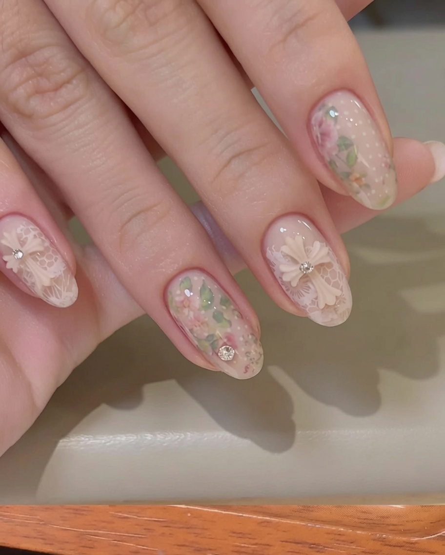 Des pinces plaçant un cristal 3D étincelant au centre dun motif floral sur une base nude.