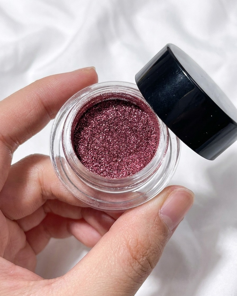 Un applicateur éponge à paupières prélevant de la poudre chrome or rose dans un petit pot.