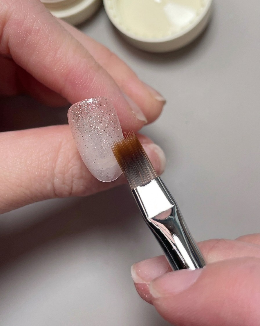 Un pinceau à ongles appliquant une couche de vernis gel cat eye pailleté sur une base translucide.