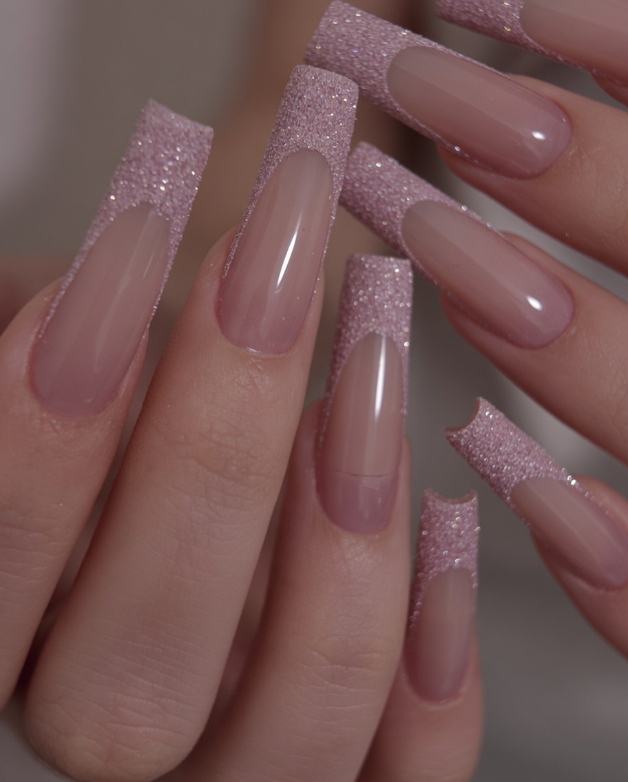 Paire de mains présentant des ongles longs carrés avec une base rose et une French pailletée, dans une pose élégante et détendue.