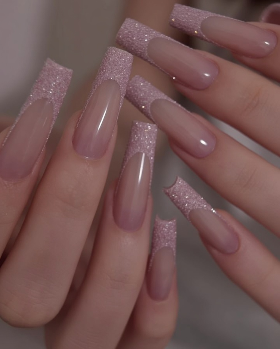 Gros plan dune main avec des ongles carrés longs et une pointe rose pailletée, vue sous un angle soulignant la texture.