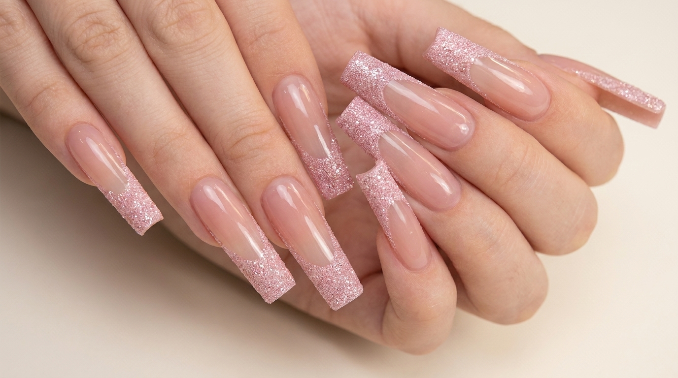 Ongles carrés longs avec French manucure rose à paillettes — Tutoriel étape par étape