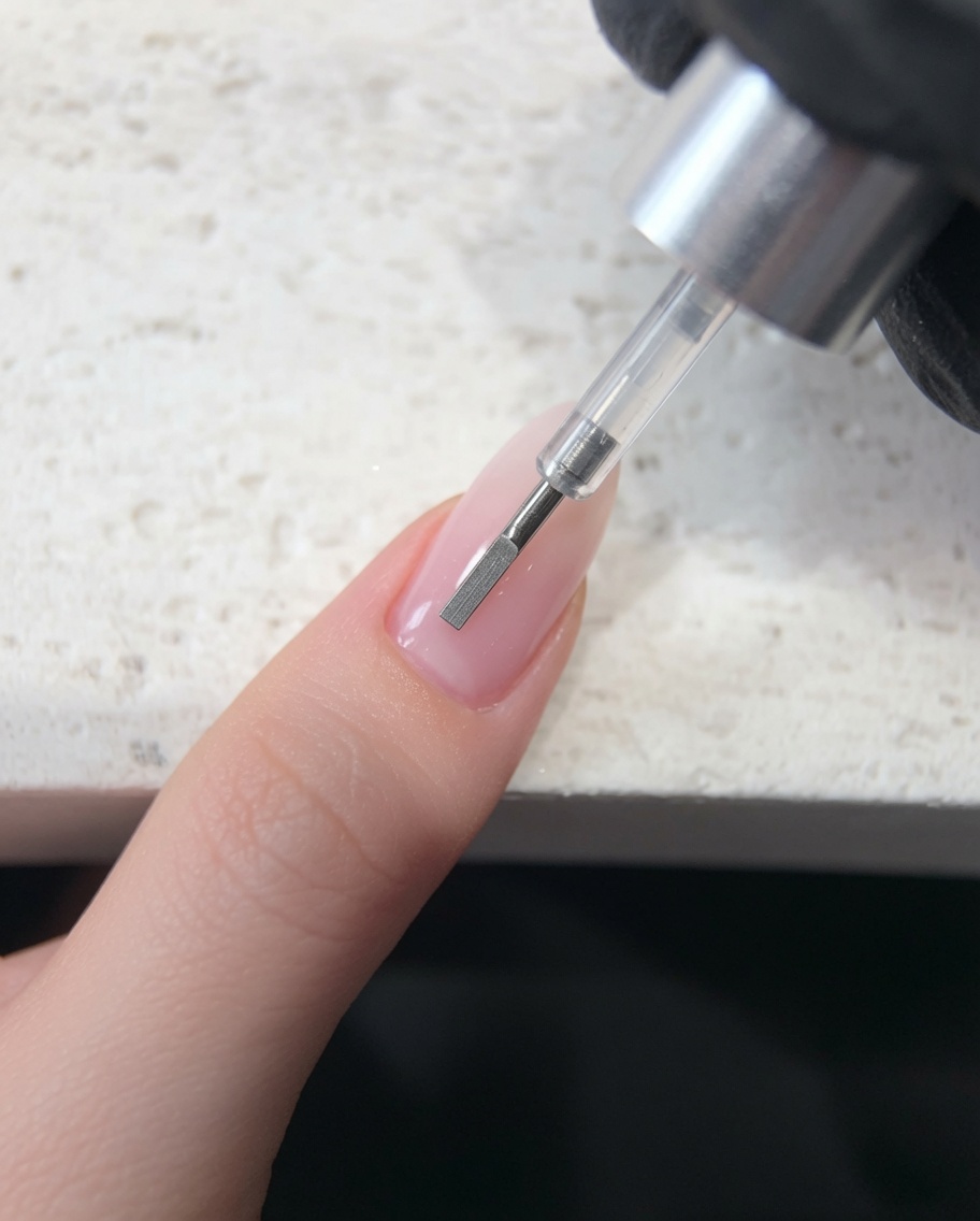 Un pinceau à vernis gel appliquant un top coat transparent sans résidu sur une base jelly rose.
