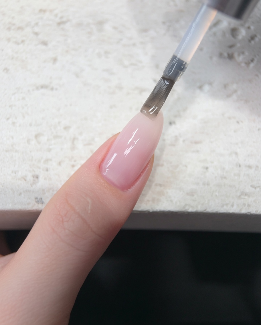 Vue latérale dun ongle montrant la surface nivelée et lisse du top coat appliqué.
