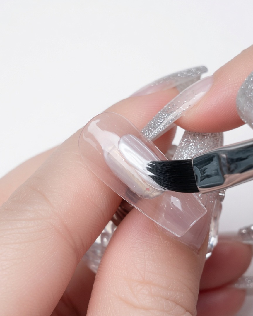 Un pinceau plat applique du vernis gel blanc sur la ligne en gel transparent.