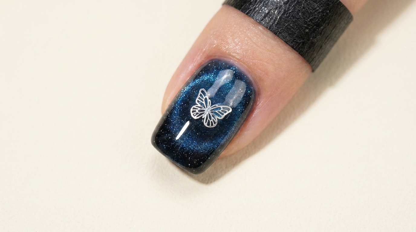 Ongles Galaxy Cat-Eye Bleu et Noir — Tutoriel Étape par Étape