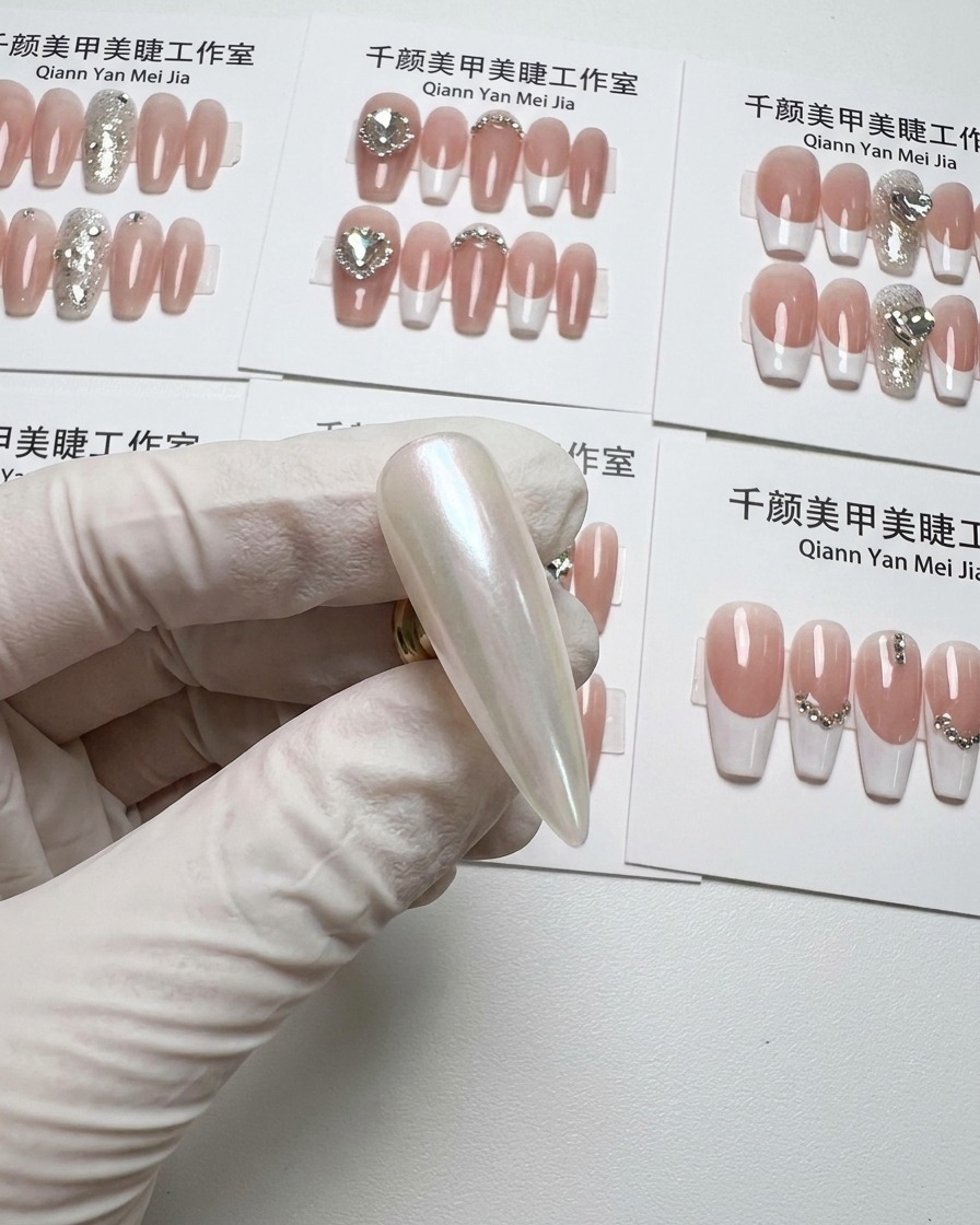 Gros plan dun dégradé blanc à laérographe commençant au niveau des cuticules sur une capsule longue et effilée tenue par une main gantée.