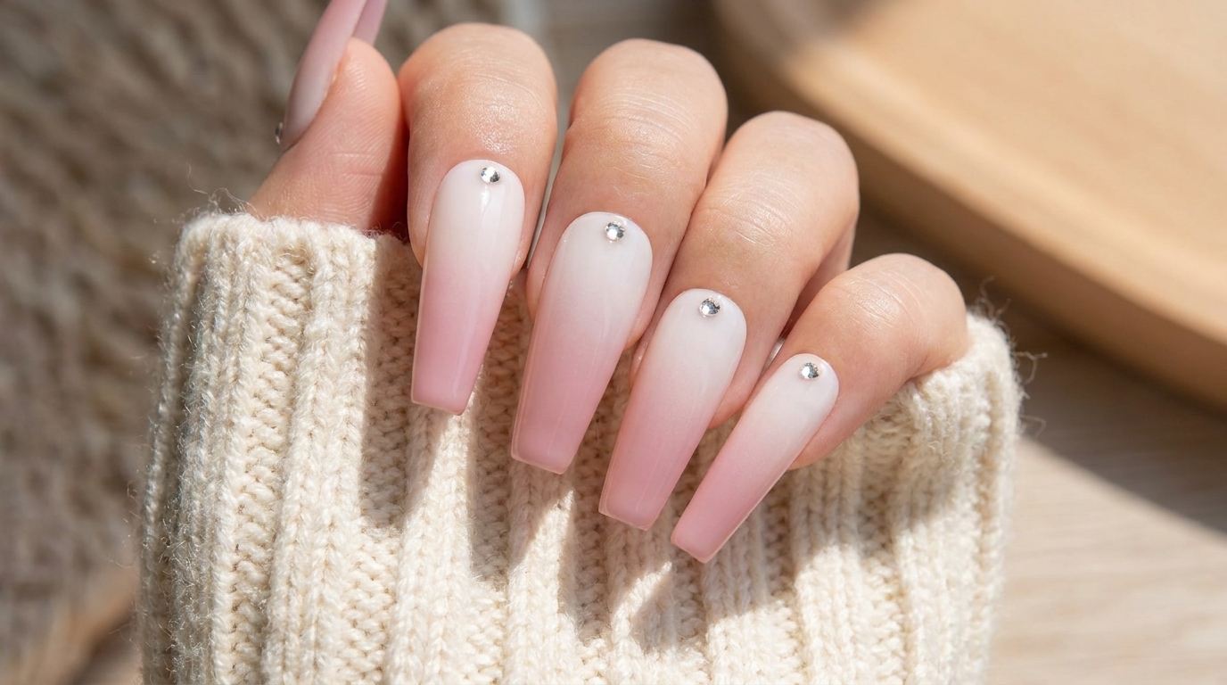 Press-on nails avec un dégradé à laérographe du rose vers le blanc, ornés de cristaux délicats.