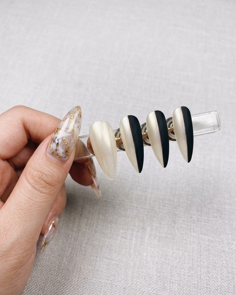 Pistolet à aérographe pulvérisant du gel blanc sur des ongles masqués avec des stickers verticaux.