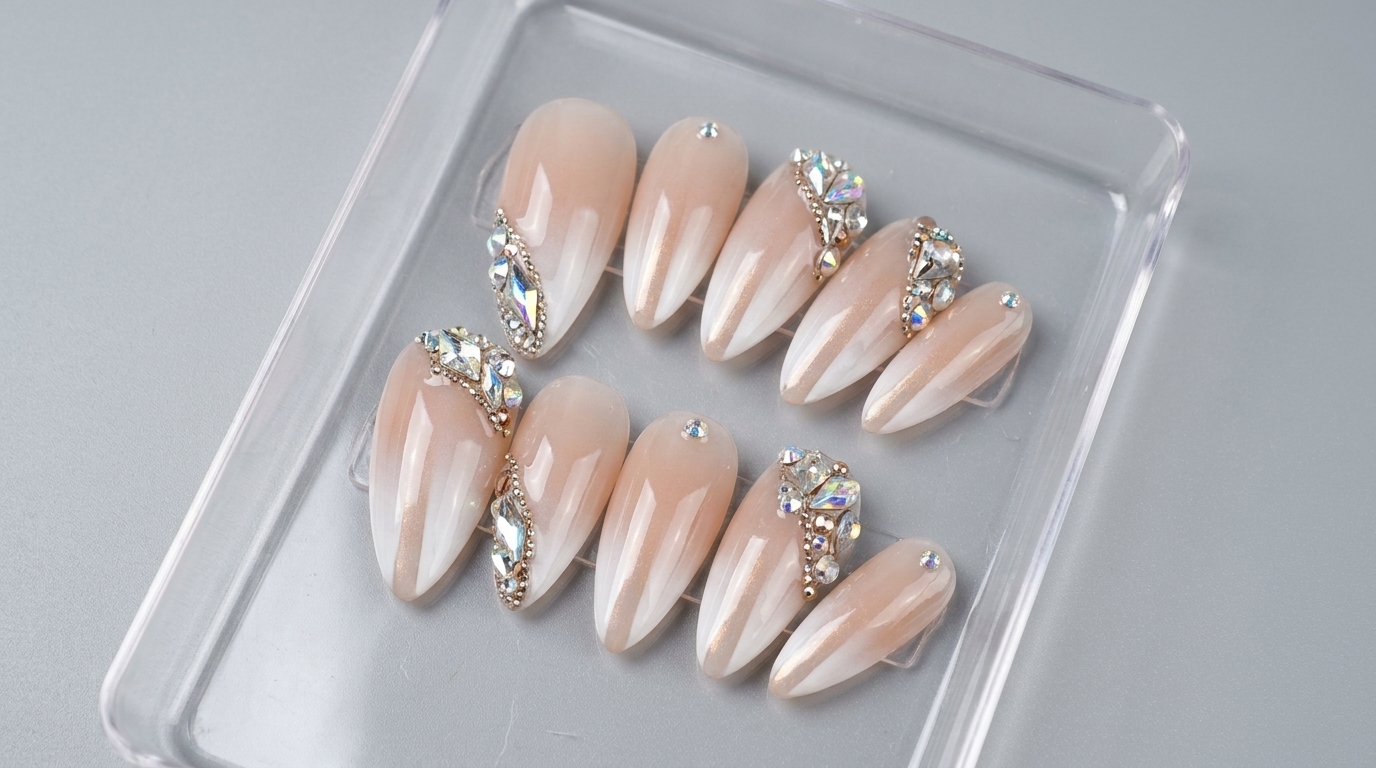 Ongles en dégradé réalisés à laérographe avec un fondu précis blanc vers nude et un ornement luxueux en strass sur les cuticules.
