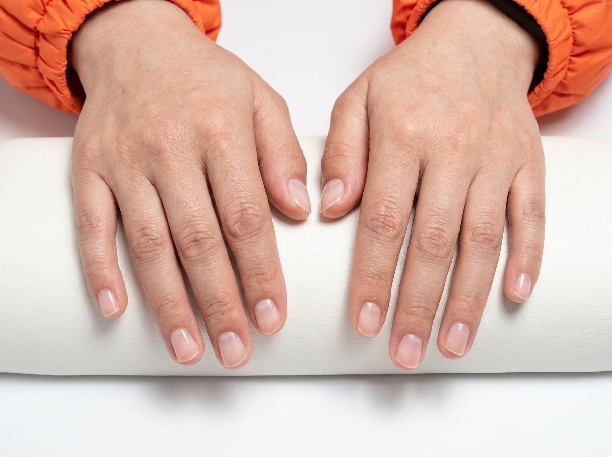Gros plan sur une main avec des pochoirs de guidage violets appliqués sur le bord libre des ongles.