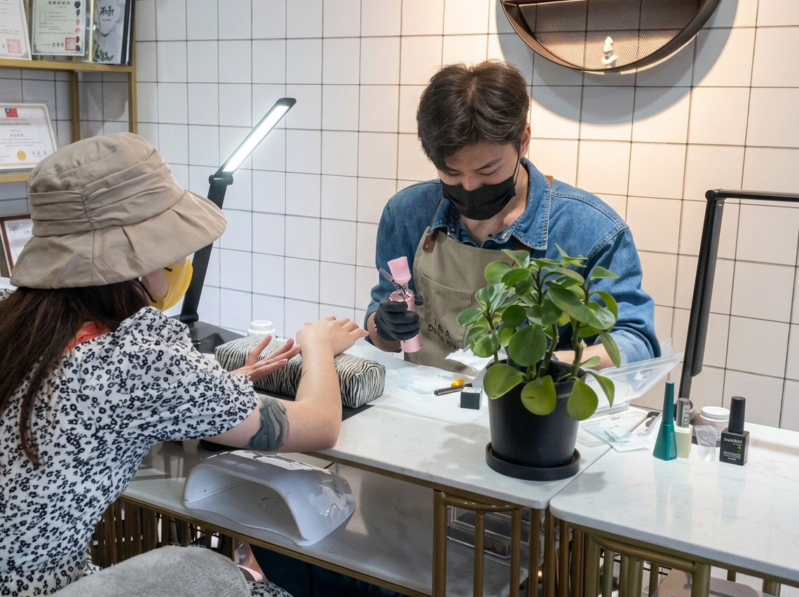 Vue détaillée dune technicienne utilisant un pinceau pour affiner et lisser la couche de gel de base sur un ongle.