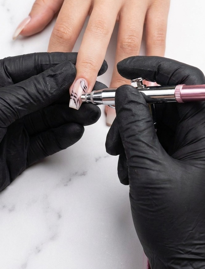 Plan rapproché dun aérographe appliquant des pigments violets sur un ongle, perfectionnant leffet de dégradé.