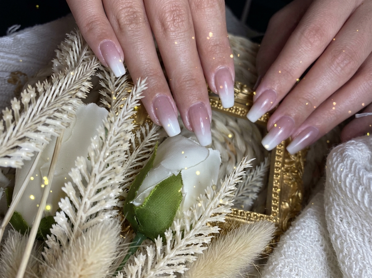 Vue rapprochée des doigts posés sur un fond décoratif, mettant en valeur la transition ombré sans démarcation du nail art.
