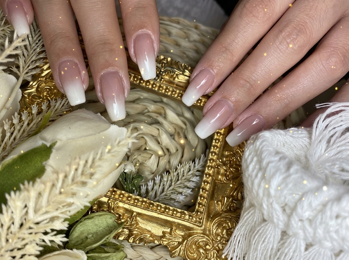 Très gros plan montrant le fini dégradé lisse et la texture ultra-brillante des ongles.