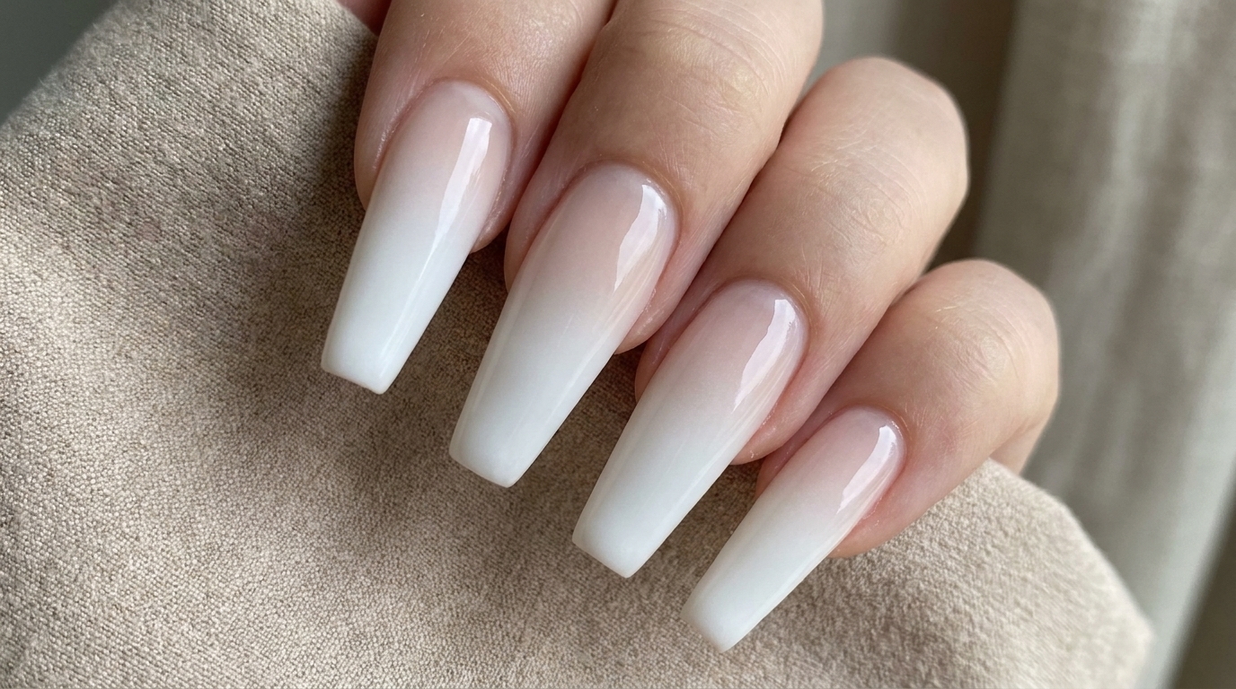 Ongles longs en forme de cercueil présentant un dégradé ombré blanc à laérographe parfaitement fondu et une finition ultra-brillante.