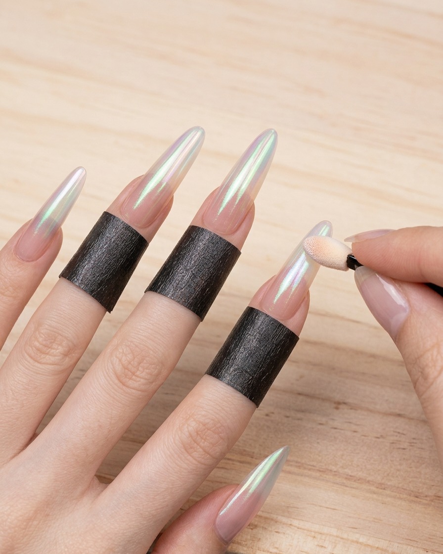 Gros plan dun applicateur en mousse pressant de la poudre chrome irisée directement sur le bord libre de longle pour intensifier la couleur.