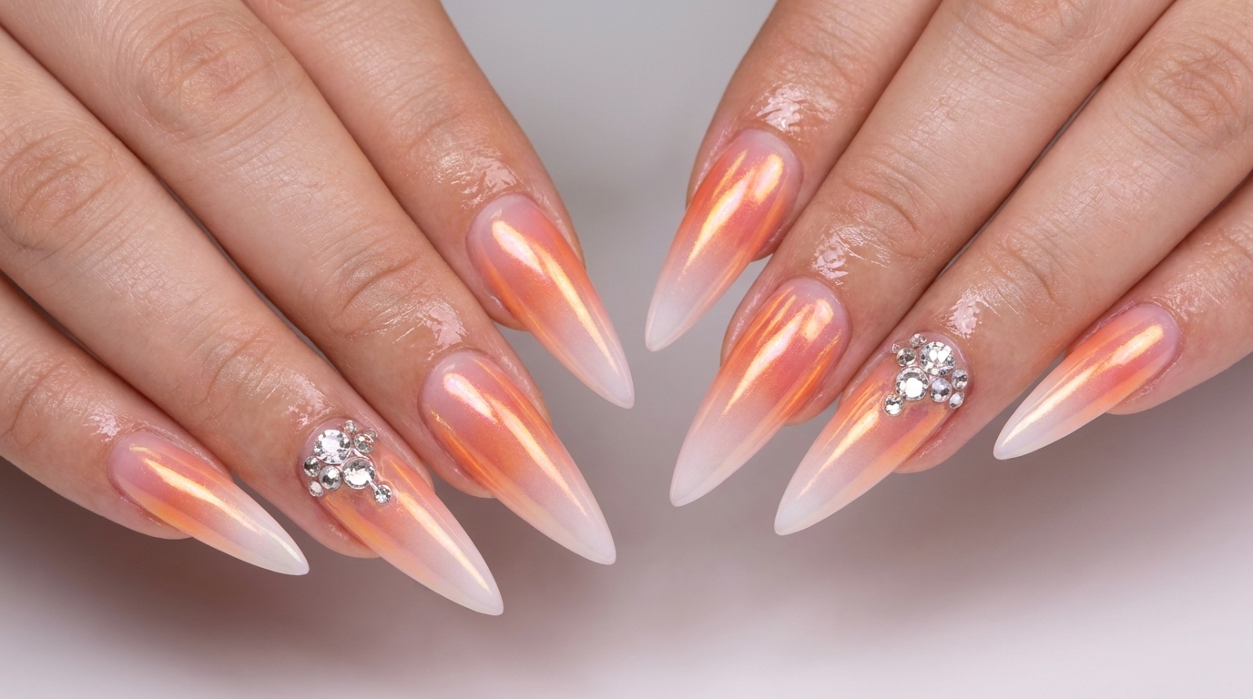 Ongles Stiletto Dégradé Blanc et Poudre Aurore — Tutoriel Pas à Pas