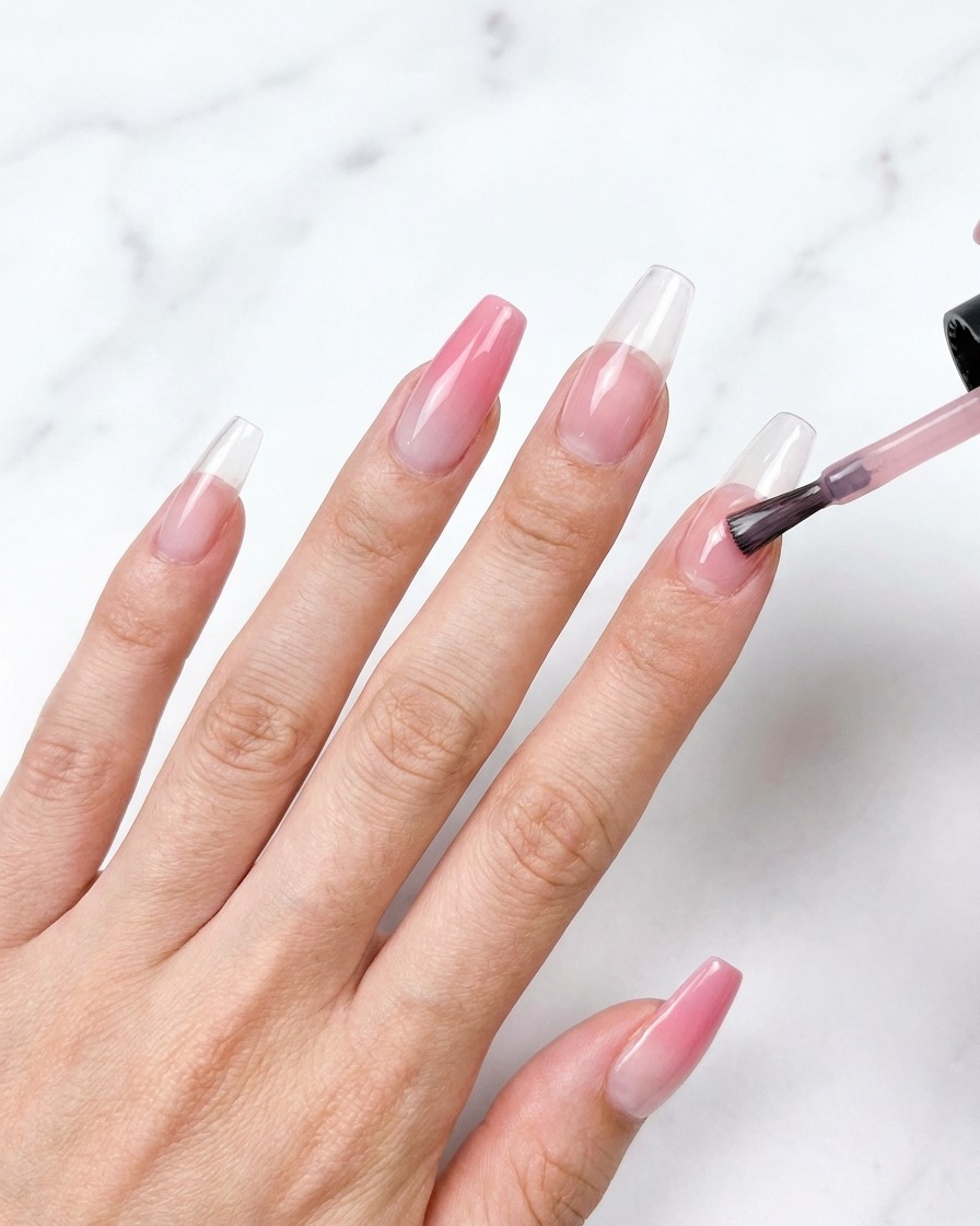 Un pinceau appliquant un vernis gel rose translucide sur une extension dongle transparente.
