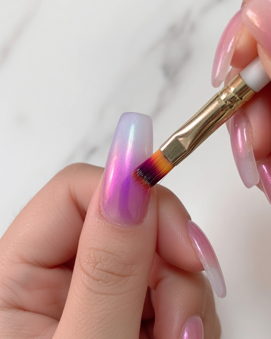 Un pinceau à dégradé balayant légèrement le gel bleu vers le bas sur une base nude rosée pour créer un effet ombré.